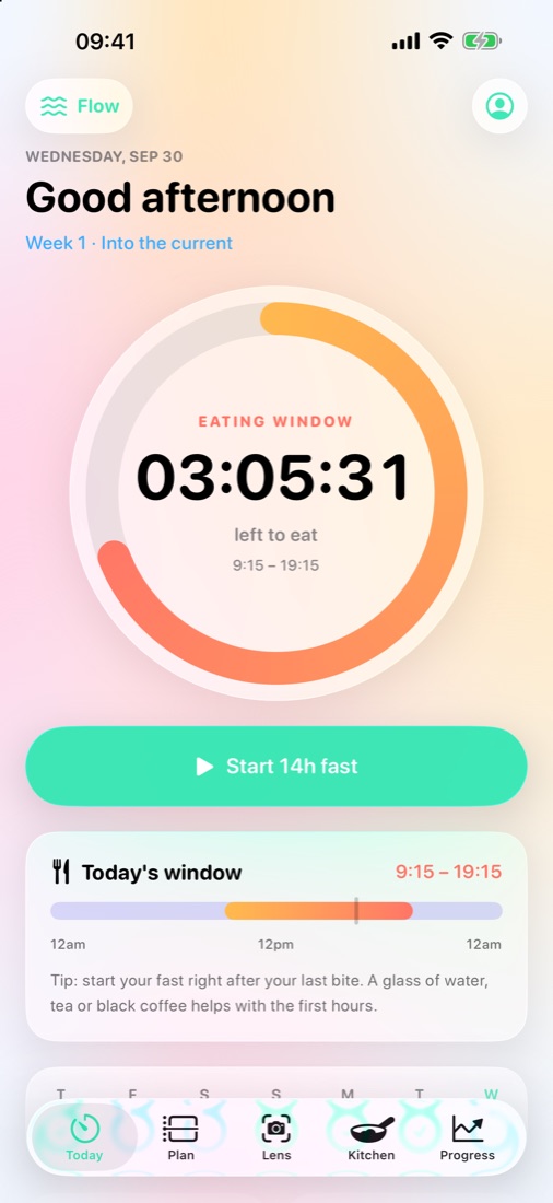 Today screen with the eating-window ring and time left to eat